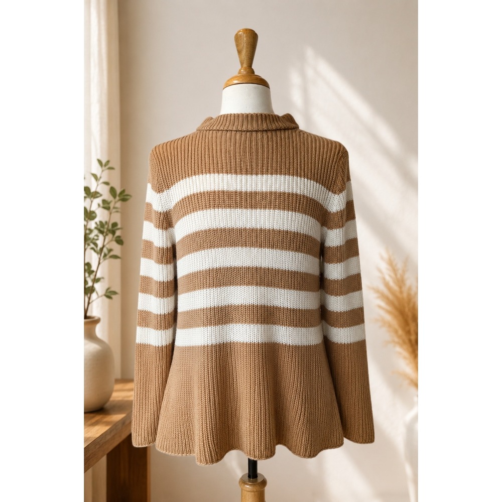 Cotton‎ Striped Fisherman Knit Sweater L Neutral Coastal Grandma Oversized
